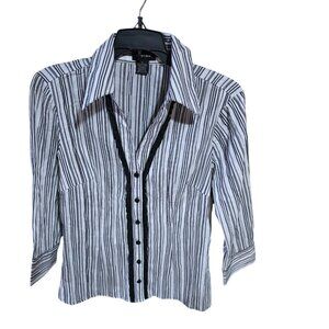Spence White & Black Striped Blouse Size Medium 3/4 Sleeves Ruffle